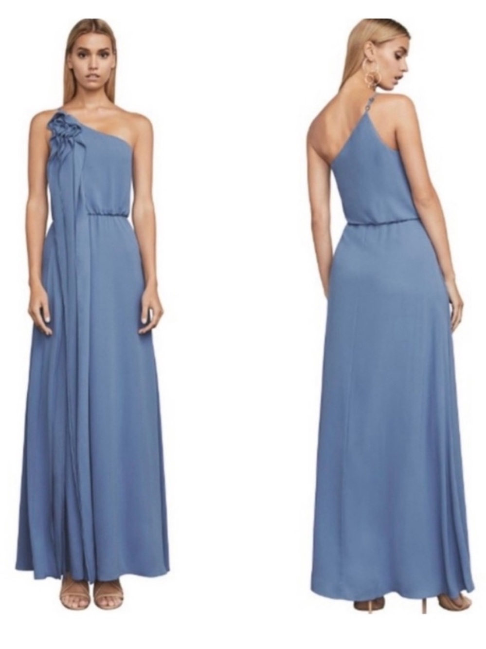 BCBGMaxAzria One-Shoulder Dusty Blue Maxi Dress with Shoulder Rosette